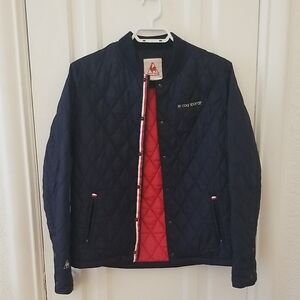 Le Coq Sportif Blue Bomber Jacket with Red Lining